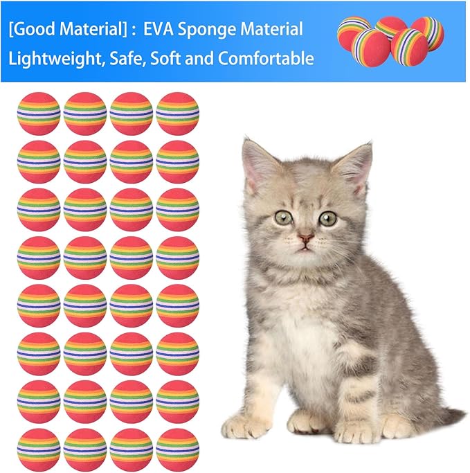 Gegong 50 Pieces Cat Toy Balls, EVA Sponge Pet Toy Balls, 3.5cm Interactive Ball for Cat Kittens and Puppies Quiet Play Light Ball (Rainbow Color)