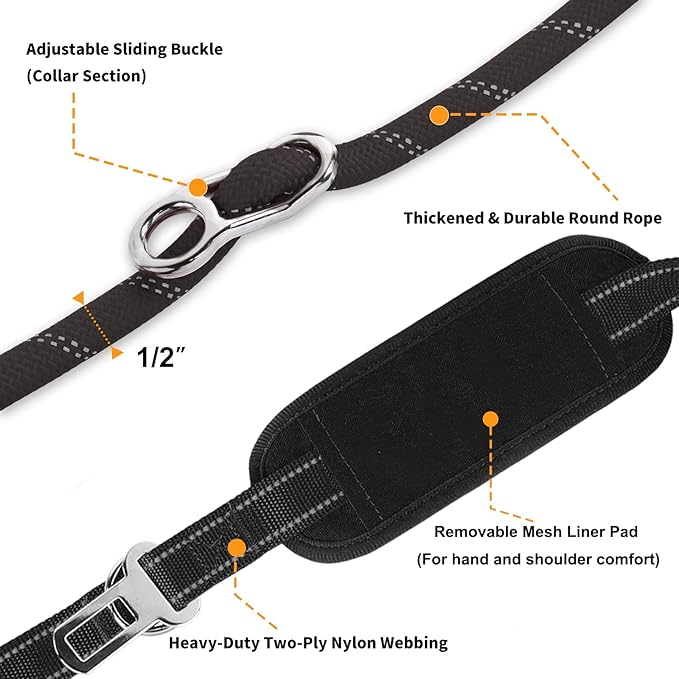 10FT Hands Free Dog Leash for Small Medium Large Dogs, Heavy Duty Reflective Dog Leash with Traffic Handle, Seat Belt Buckle & Poop Bag Holder (Black)