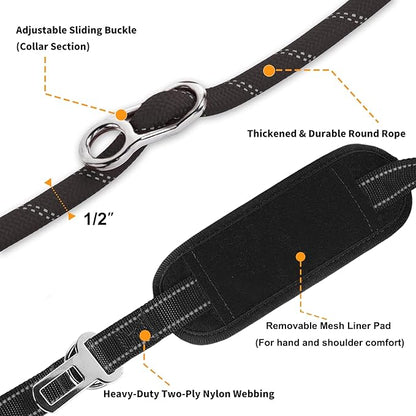 10FT Hands Free Dog Leash for Small Medium Large Dogs, Heavy Duty Reflective Dog Leash with Traffic Handle, Seat Belt Buckle & Poop Bag Holder (Black)