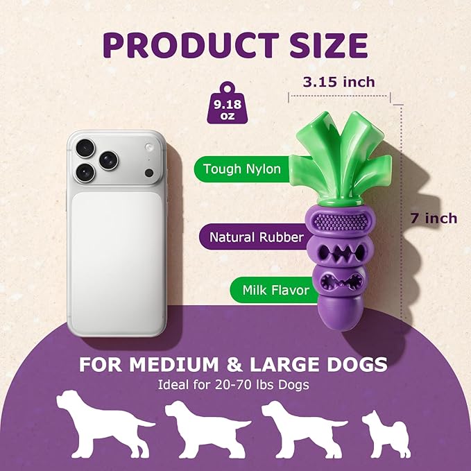 Indestructible Dog Toys for Aggressive Chewers: Heavy Duty Milk-Flavored Chew Toy for Medium & Large Dogs 20–70 lb, Dental Teeth Cleaning, Long-Lasting Enrichment Toys(Purple)
