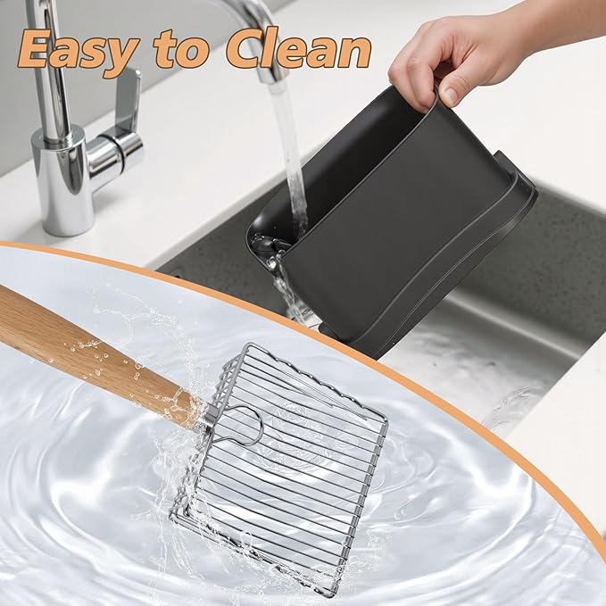 Metal Cat Litter Scoop with Holder, Poop Scooper with Stand and 2 Rolls of Garbage Bags, Heavy Duty Stainless Steel Shovel with Wooden, Quick Sifter for Easy Cleaning