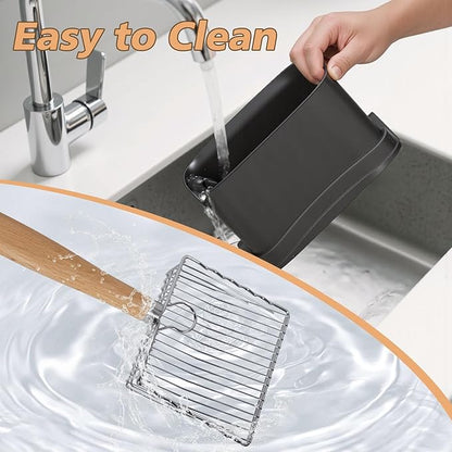 Metal Cat Litter Scoop with Holder, Poop Scooper with Stand and 2 Rolls of Garbage Bags, Heavy Duty Stainless Steel Shovel with Wooden, Quick Sifter for Easy Cleaning