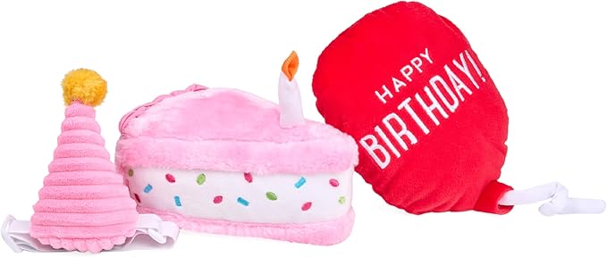 ZippyPaws Birthday Box - Dog Squeaky Toys to Keep Them Busy, Funny Food Plush for Small, Medium, & Large Dogs, Cute Stuffed Puppy Toy & Hat, Pet Products, Gift for Dogs of All Breeds - 3-Pack, Pink