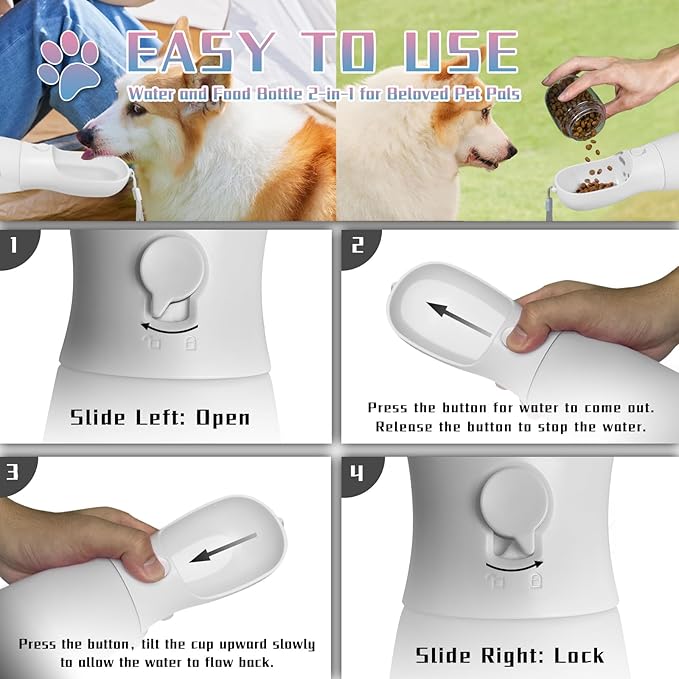 Portable 2-in-1 Pet Water Bottle with Food Container, Large Capacity Dog Water Dispenser, Outdoor Accessories for Camping, Gifts (19Oz, Black&White)