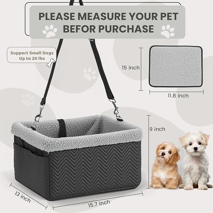 Leather Dog Car Seat for Small Dogs Under 20lbs, Dog Booster Seat with Metal Frame Construction Double-Layer Oxford Puppy Car Seats with Safety Leash Perfect for Small Pets Dogs Cats