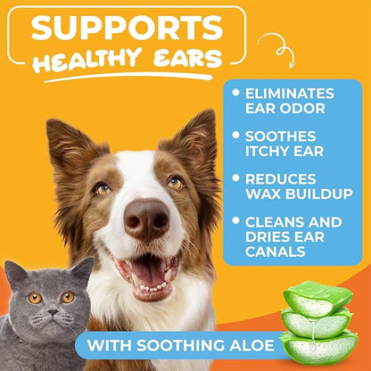 Dog & Cat Ear Cleaner Wipes – Pet Finger Wipes for Cats & Dogs – Cleaning, Soothing, & Deodorizing Itchy Ears – Ear Relief Solution Wash (Unscented)