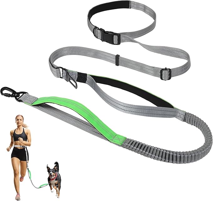 Hands Free Dog Leash, 8.2 FT Waist Leash for Walking, Jogging, Hiking, Adjustable Crossbody Belt with Double Padded Handles, Bungee Car Seatbelt Design for Medium Large Dogs, Gray + Green