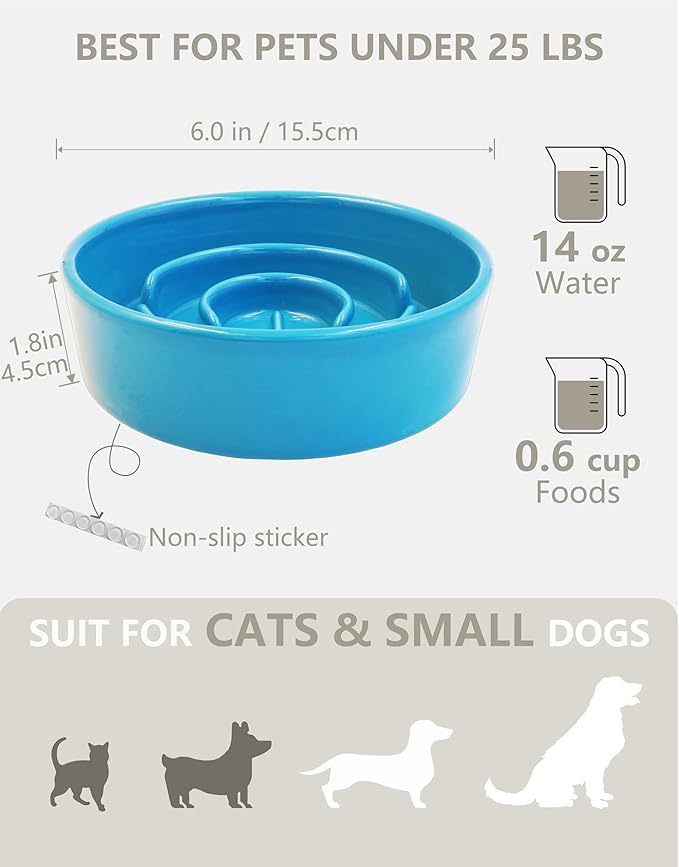 Ceramic Slow Feeder Dog Bowls, 0.6 Cup Slow Feeder for Small Dogs, Puzzle Maze Bowl, Prevents Choking, 6in, Blue