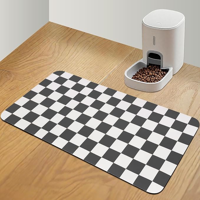 Checkered Dog Food Mat, Absorbent Leak-Proof Pet Feeding Mat, Quick Dry Cat Food Mat for Messy Drinkers 17" x 32" Black