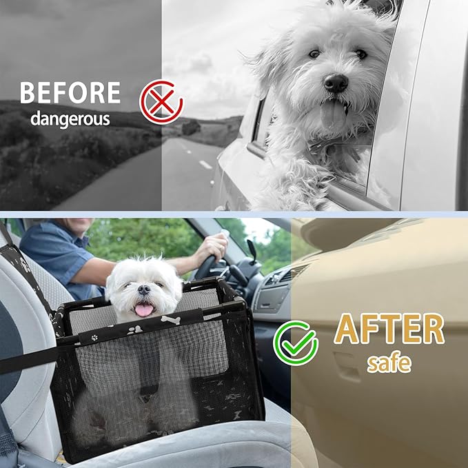 PetsHome Dog Car Seat Foldable Dog Car Booster Seat Waterproof Breathable Oxford Travel Bag for Small to Medium Dogs, Puppies, and Pets-Pattern Black-Upgrade