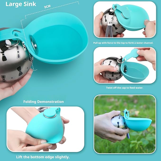 2026 New 2-in-1 Portable Dog Water Bottle for Small Dogs, Foldable Pet Water Bottle, 304 Stainless Steel Compact Dog Drinking Bottles Leak Proof & Silicone Bowl for Walking Hiking (Blue B)