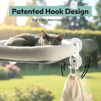 Cordless Cat Window Perch, Foldable Cat Window Hammock, 4 Strong Suction Cups, Solid Metal Frame, Patented Hook Design, Cushion White, L