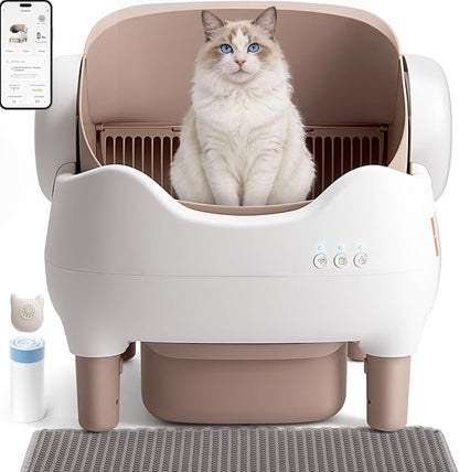 Self Cleaning Cat Litter Box: Automatic Cat Litter Box for Multiple Cats, Large Capacity with App Control, Safety Protection, Open-Top, Includes Waste Bags & Mat