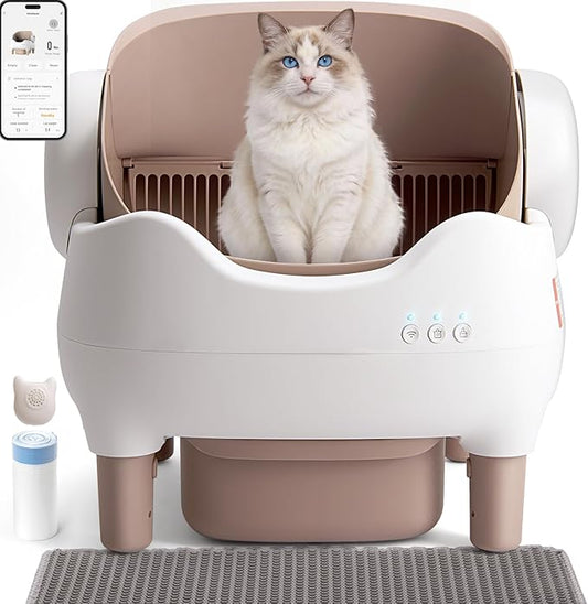 Self Cleaning Cat Litter Box: Automatic Cat Litter Box for Multiple Cats, Large Capacity with App Control, Safety Protection, Open-Top, Includes Waste Bags & Mat