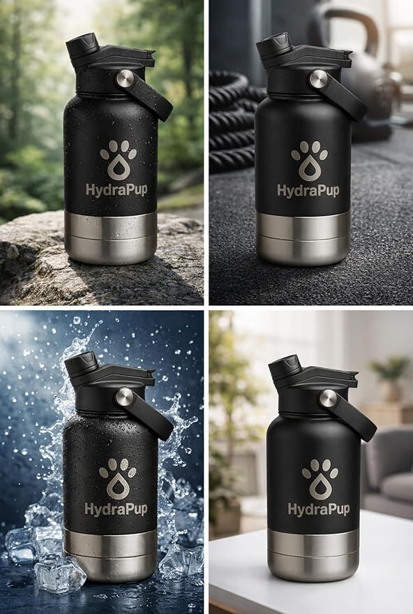 32oz Insulated Water Bottle with Dog Bowls – Human & Pet Shared Use, Stainless Steel Leakproof Travel Bottle (Matte Black)