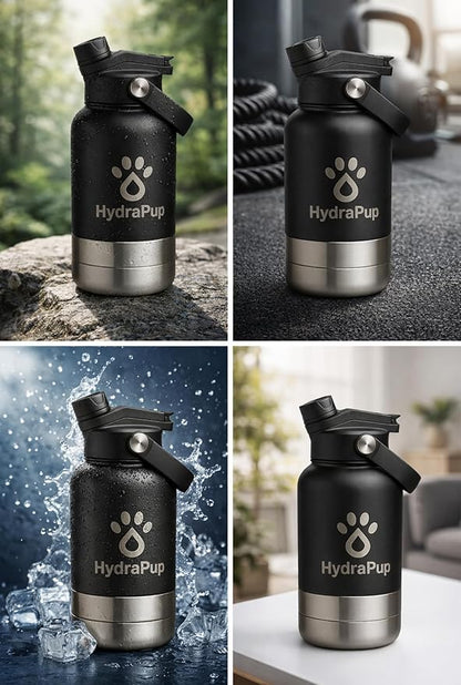 32oz Insulated Water Bottle with Dog Bowls – Human & Pet Shared Use, Stainless Steel Leakproof Travel Bottle (Matte Black)