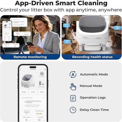 Self Cleaning Litter Box, Automatic Cat Litter Box-APP Control, Open-Design Electric Litter Box, Safety Anti-Pinch, Odor-Free Waste Disposal Includes Trash Bags, Suitable for Multiple Cats, White
