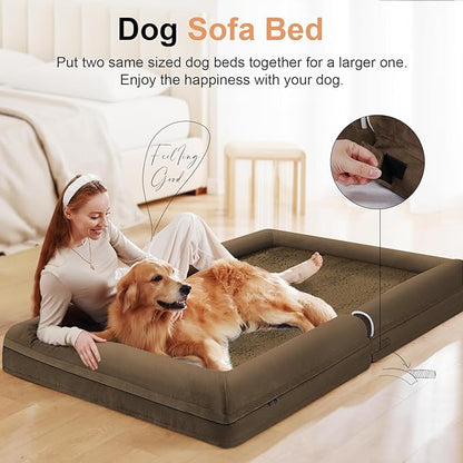 Large Dog Bed Orthopedic Washable: Jumbo Dog Bed Bolster Extra Large Dogs Egg Crate Foam Sofa Couch Waterproof Removable Cover - Coffee
