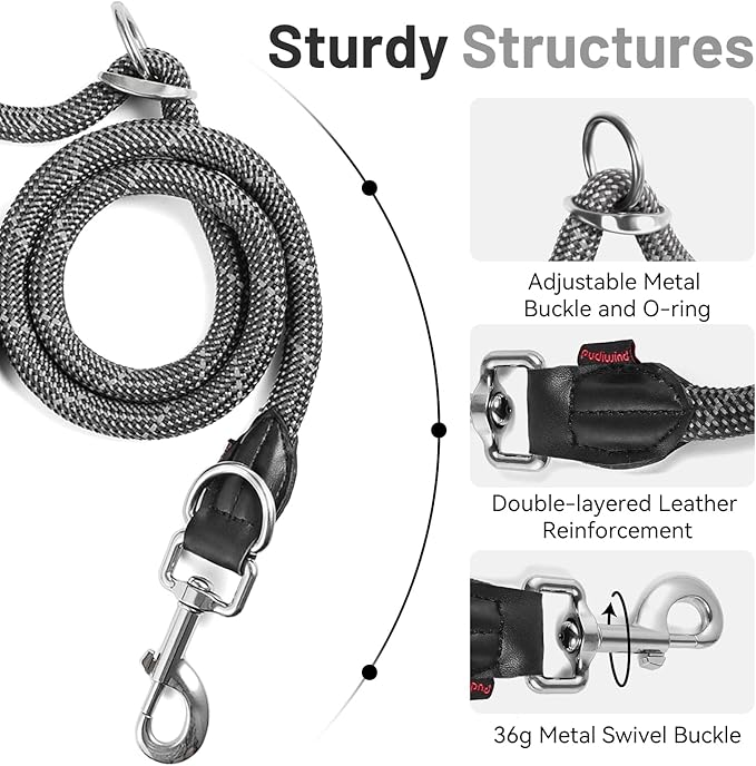 Hands-Free Dog Leash, 6.5ft Heavy Duty Reflective Nylon Leash with Dual Metal Hooks, Adjustable Crossbody & Waist Use for Walking, Jogging and Heel Training (Grey)