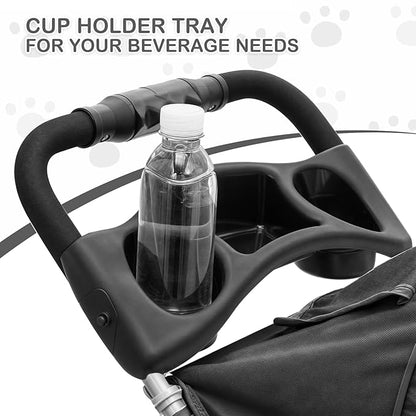 MoNiBloom Foldable Pet Stroller with Weather Cover, 3 Wheels Pet Strolling Cart for Small/Medium Dogs and Cats with Storage Basket and Cup Holder, Breathable and Visible Mesh for All-Season, Black