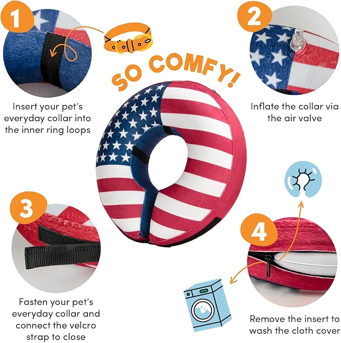 BENCMATE Inflatable Dog Cone Collar Alternative, Soft Dog Cone for Small Medium Large Dogs and Cats, Neck Recovery ECollar Donut Collar After Surgery (Large, Flag)