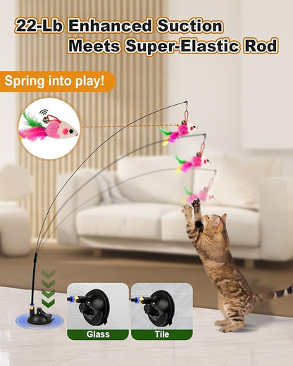 Cat Feather Toys, Enhanced Suction Cup Cat Toys, Interactive Cats Teaser Wand, 10pcs Fishing Pole Feathers Toy Replacements & 2pcs Bouncy Balls, 2 Types Door Hanging Cats String Toy