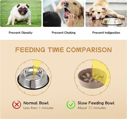 Ceramic 0.9 Cup Raised Slow Feeder Dog Bowl Set, Elevated 6.1inch Slow Dish and 6.1inch Water Bowl with Wooden Stand for Small Dogs (2 x Brown Coffee+ Stand)