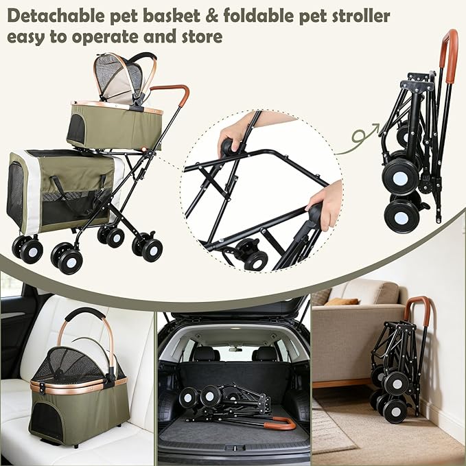 Double Pet Stroller for Dogs and Cats: Dog Stroller Foldable Travel Carriage with Detachable Carriers, Safety Belts, and 4 Lockable Wheels for Small to Medium Pets – Ideal for Multi-Pet Homes (Green)
