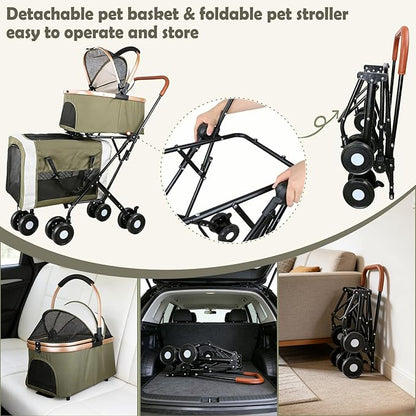Double Pet Stroller for Dogs and Cats: Dog Stroller Foldable Travel Carriage with Detachable Carriers, Safety Belts, and 4 Lockable Wheels for Small to Medium Pets – Ideal for Multi-Pet Homes (Green)