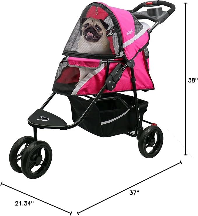 Petique Revolutionary Durable Pet Stroller, Easy Fold, Quality mesh Windows, Large Storage Basket, Secure Cup Holder Tray, Small/Medium Dogs, Cats and Pets, Supports up to 55LBS - Supernova (Pink)