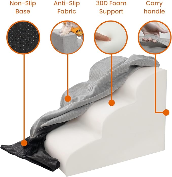 MEWANG 22.83''H Dog Stairs for Small & Medium Dogs and Old Cats – 5 Steps High-Density Foam Pet Ramp for Bed & Couch, Non-Slip, Washable Cover, Grey (Round Corner, 29.92''L×15.75''W×22.83''H)