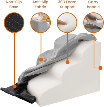 MEWANG 22.83''H Dog Stairs for Small & Medium Dogs and Old Cats – 5 Steps High-Density Foam Pet Ramp for Bed & Couch, Non-Slip, Washable Cover, Grey (Round Corner, 29.92''L×15.75''W×22.83''H)