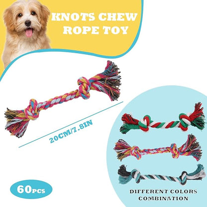 60 Pcs Multi-Color Knot Rope Dog Chew Toys - Bulk Puppy Tug-of-War Toys, Durable Chew Ropes for Small & Medium Dogs, Interactive Pet Play Accessories