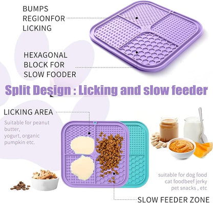 Lick Mat for Dogs, Premium Lick Pad with Suction Cups for Dog Anxiety Relief, Slow Feeder Dog Bowls, Bathing, Grooming and Training (Cyan, Purple, 2pack)