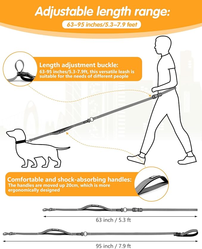 Hands Free Dog Leash, Crossbody Dog Leash, 5.3-7.9Ft Waist Belt with Car Seatbelt and Double-Sided Reflective,Walking, Jogging,Hiking, Travel etc.(Grey)
