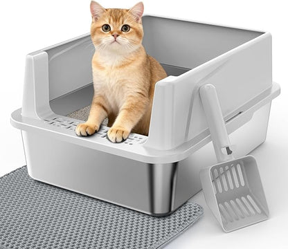 Stainless Steel Cat Litter Box with Lid, High-Sided Metal Litter Pan for Small Cats, Kitty Litter Box, Non-Stick & Odor-Resistant, Anti-Urine Leakage, Easy to Clean, Scoop Included