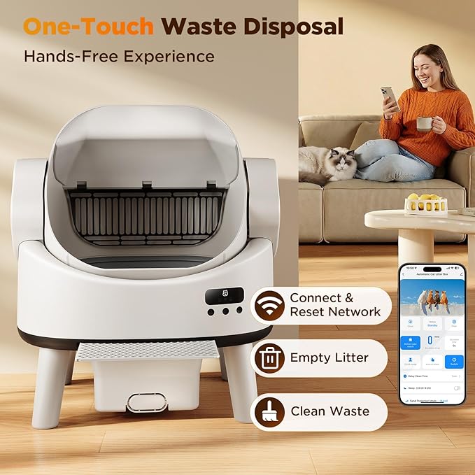 Self Cleaning Cat Litter Box, Open-Top Automatic Robot Litter Box for Multiple Cats with App Control, Safety Sensors Protection, Includes Liners, Digital Screen, Washable Sifter &Cat Pedal