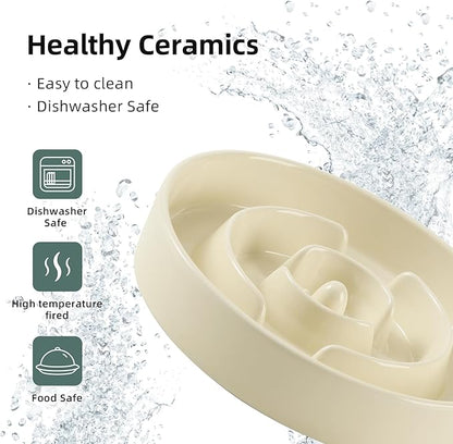 Ceramic 1.2 Cup Slow Feeder Dog Bowl for Medium and Small Breed, 7.3inch Puzzle Dog Food Dish, Anti-Gulping, Stop Bloat, Preventing Choking (Single Bowl-Light Yellow)