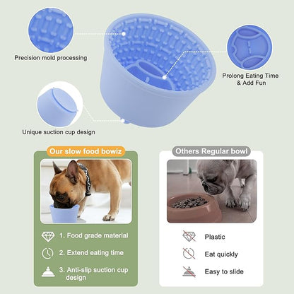 Slow Feeder Dog Bowls, Silicone Dog Lick Bowl with Brush & Scraper, Non-Slip Base Slow Feeder for Anxiety Alleviating & Oral Health, Sky Blue