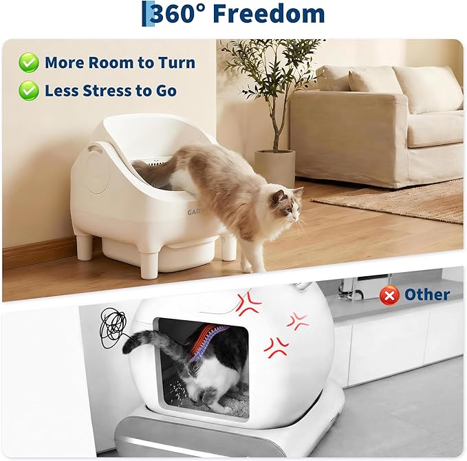 Self Cleaning Litter Box, Automatic Cat Litter Box with APP Control, Odor-Free Waste Disposal Includes Trash Bags, Large Waste Bin, Open-Top, for Multiple Cats, White