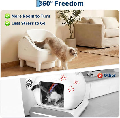 Self Cleaning Litter Box, Automatic Cat Litter Box with APP Control, Odor-Free Waste Disposal Includes Trash Bags, Large Waste Bin, Open-Top, for Multiple Cats, White