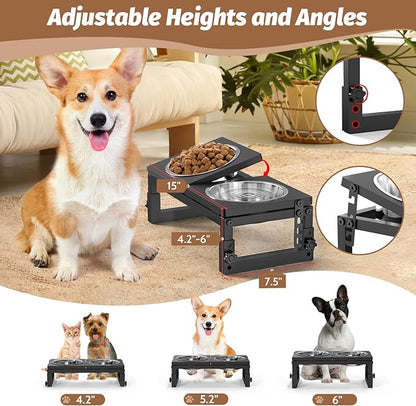 Dog Bowls Elevated Small, 3 Height(4.2" to 6") & Angle (0-20°) Adjustable Raised Dog Bowl Stand, Elevated Dogs Bowl Stand Pet, Sturdy Metal Dogs Feeding Station with 2X 20oz (2.5cup) Dishes
