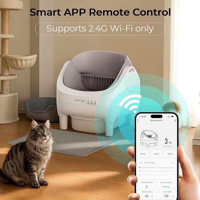 Automatic Cat Litter Box Self Cleaning, App Control, Open-Top Automatic Litter Box with Safety Sensors, Ultra-Quiet, 10.5L Waste Bin with Odor Control, 2 Rolls of Garbage Bags, Champagne