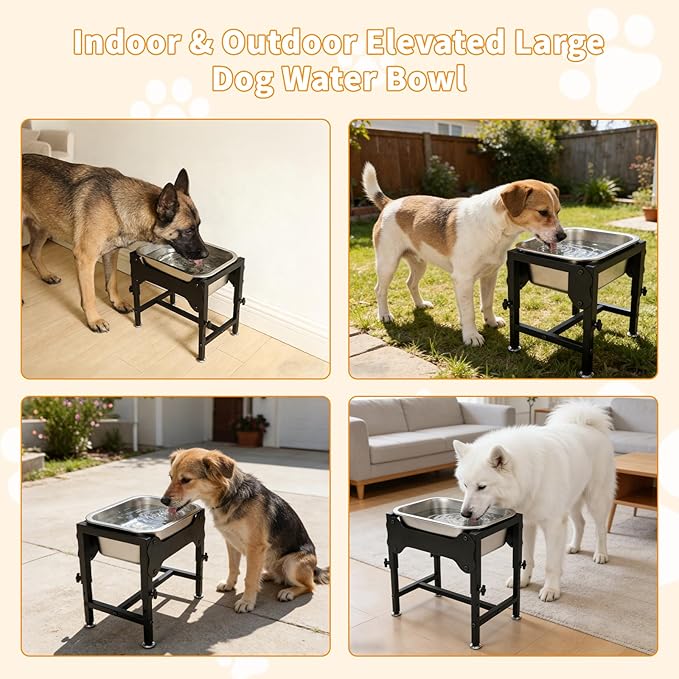 BWOGUE 1.25 Gal Elevated Large Dog Water Bowl, Raised Stainless Steel Bowl Stand Large Breed, 4 Height Adjustable (9", 11", 13", 15") Non-Slip Dog Feeding Station for Joint Pressure Relief Outdoor