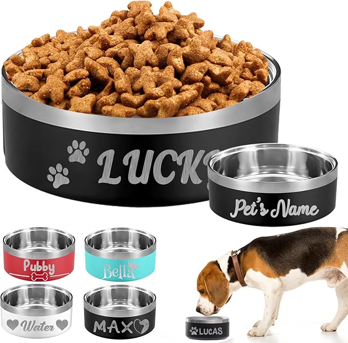 Personalized Dog Bowl Custom Dog Bowls with Name Customized Laser Engraved Stainless Steel Pet Dishes for Large Small Dogs Cat 18/32/42/64oz Feeding Supplies-Black 18oz