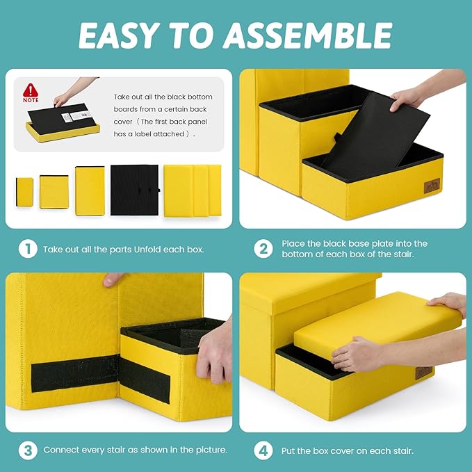 Dog Stairs with Storage, 3-Step Wider Sturdy Dog Steps for Small/Medium/Large Dogs and Older Cats, Folding Doggie Ramp for Bed/Couch/Car Hold Up to 180 lbs (16.7" H, Yellow)