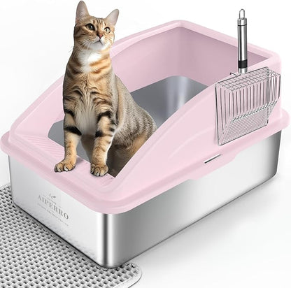 Stainless Steel Litter Box | XL Enclosed Cat Litter Boxs with Lid for Big Cats | High Sided, Anti-Urine Leakage | Non-Stick Bottom & Includes Litter Mat & Metal Scoop (Cute Pink)