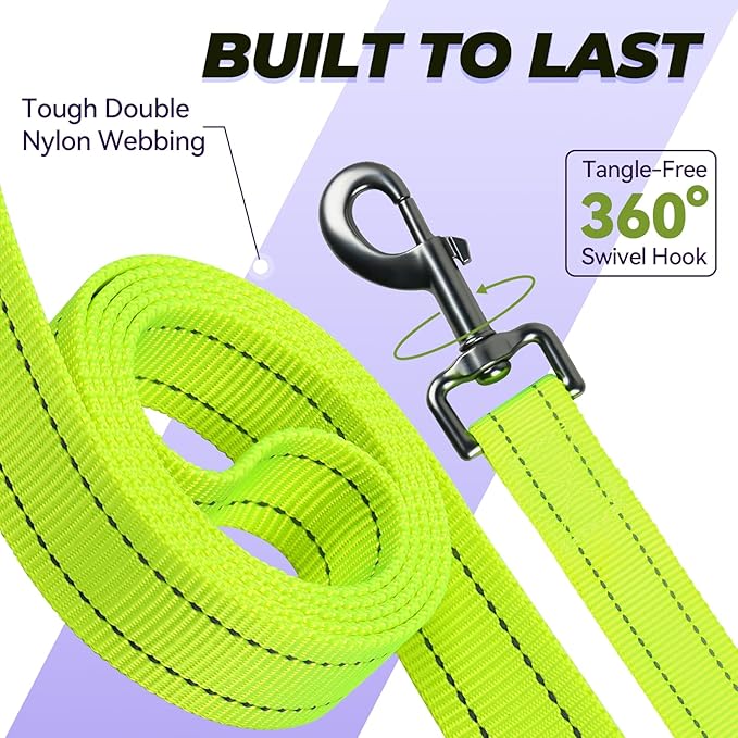 VIVAGLORY Dog Leash Twingrip Double Handle Dog Leash with Traffic Handle Control & 2 Loop for Walking & Training, Reflective Heavy Duty for Puppy Pet Collar, 6ft x 1in, Bright Yellow
