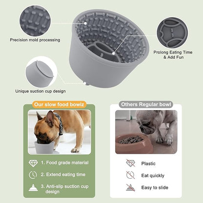 Slow Feeder Dog Bowls, Silicone Dog Lick Bowl with Brush & Scraper, Non-Slip Base Slow Feeder for Anxiety Alleviating & Oral Health, Gray Blue