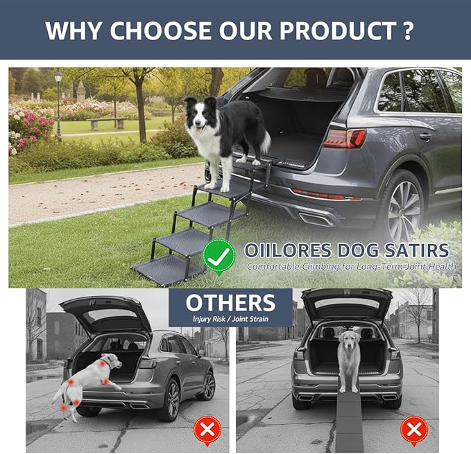 Oiilores Foldable Dog Stairs for Large Dogs - Extra Wide Pet Ramp for Cars, SUV, Truck & High Beds, Non-Slip Surface, Supports Up to 250 Lbs, 6 Steps